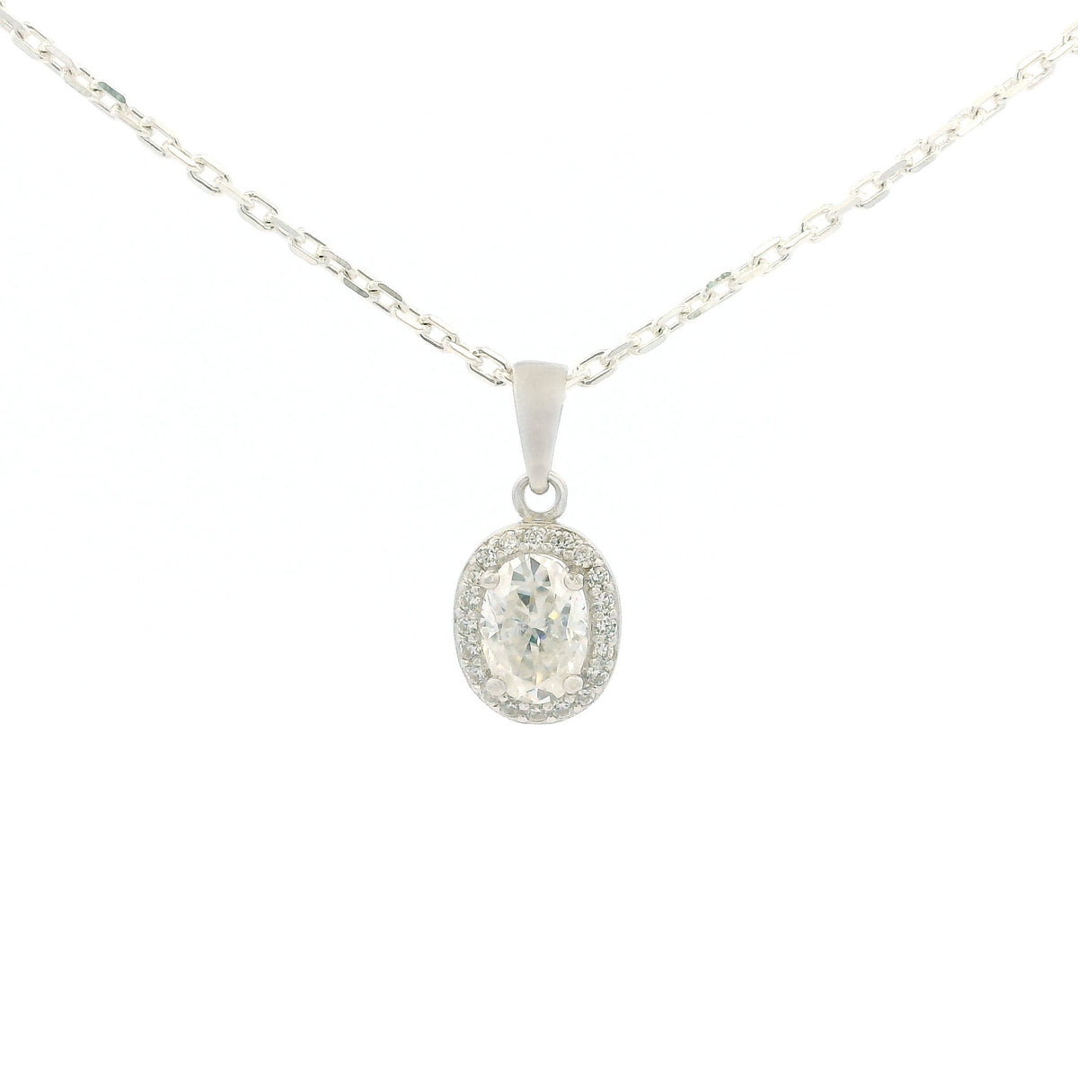 White Gold 1ct Oval Moissanite Halo Silver Dazzle Pendant Necklace