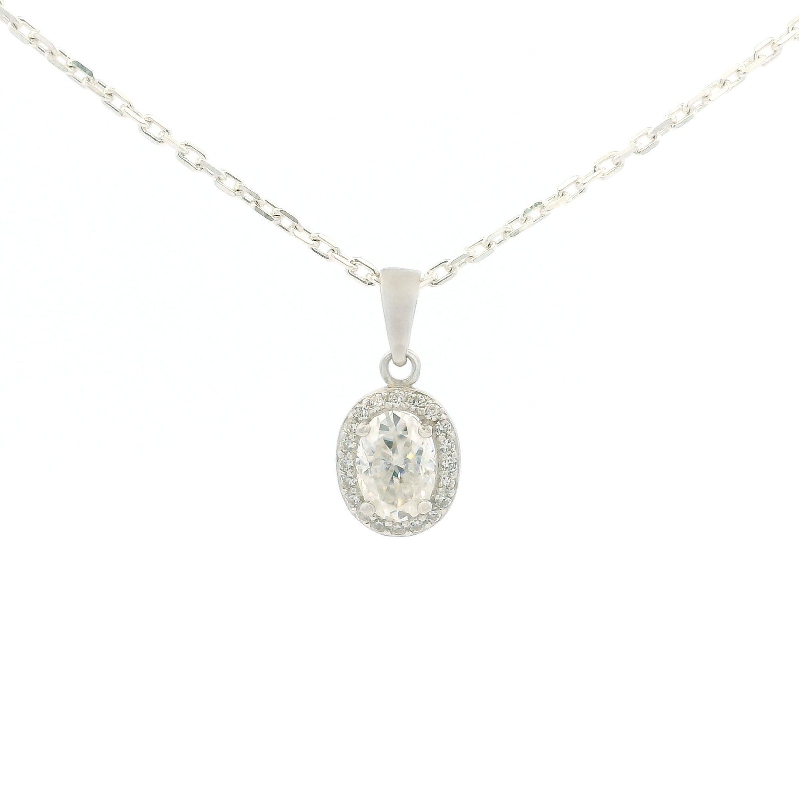 White Gold 1ct Oval Moissanite Halo Silver Dazzle Pendant Necklace