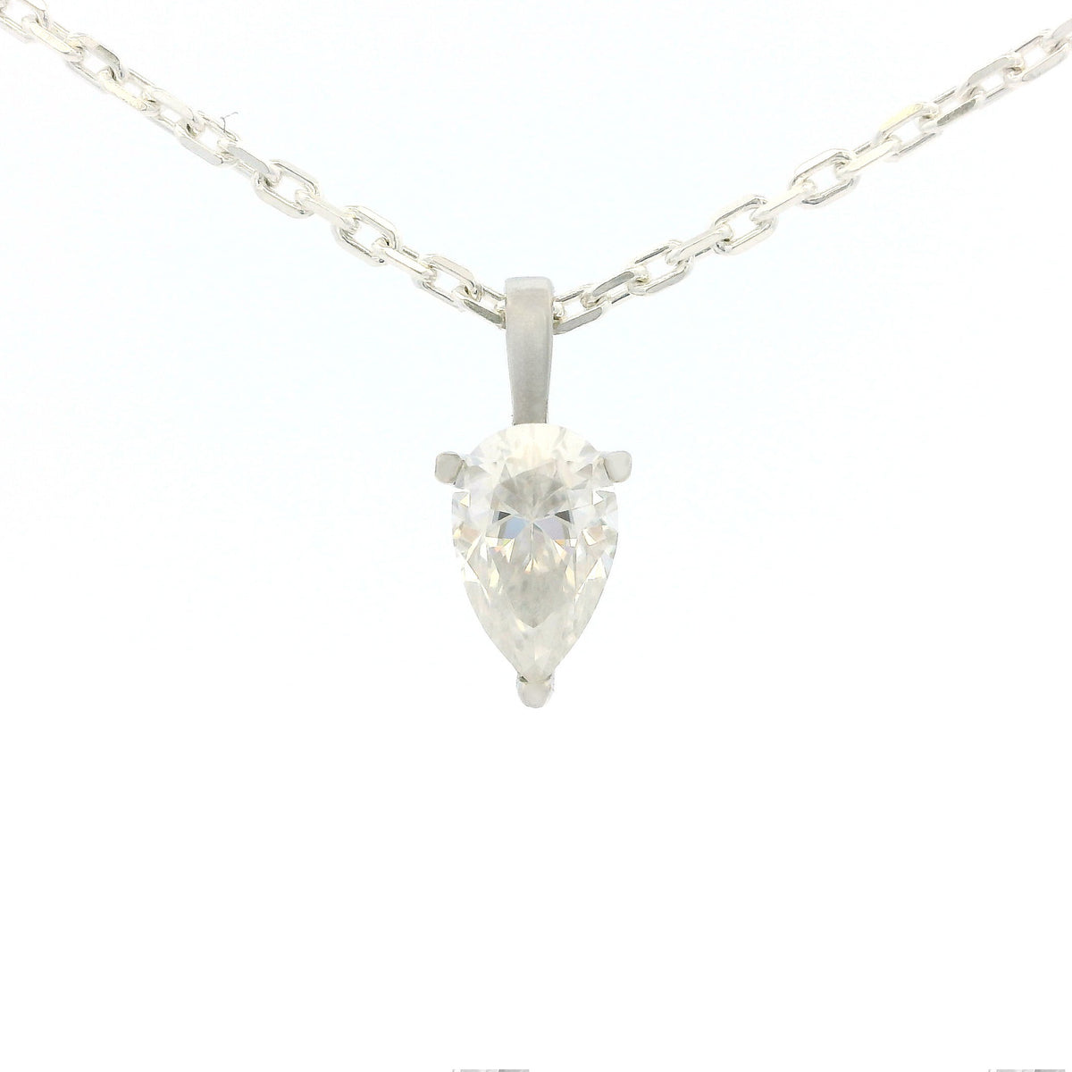 White Gold 1ct Pear Drop Moissanite Silver Dazzle Pendant Necklace