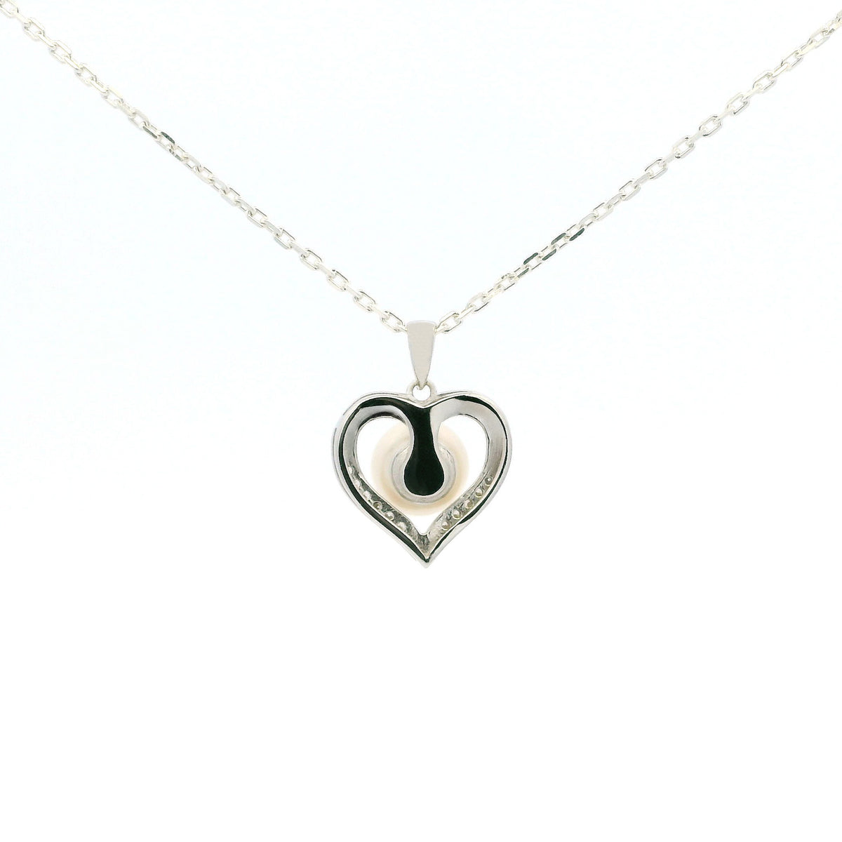 White Gold Moissanite Pearl Heart Silver Dazzle Pendant Necklace