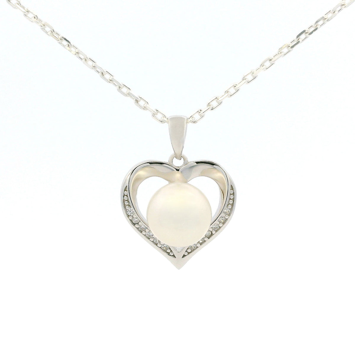 White Gold Moissanite Pearl Heart Silver Dazzle Pendant Necklace