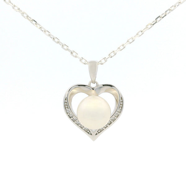 White Gold Moissanite Pearl Heart Silver Dazzle Pendant Necklace