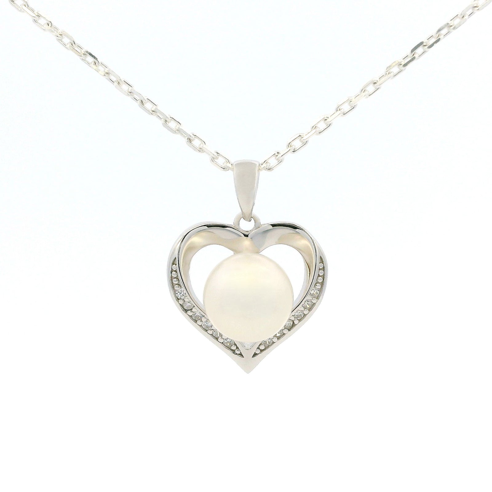 White Gold Moissanite Pearl Heart Silver Dazzle Pendant Necklace