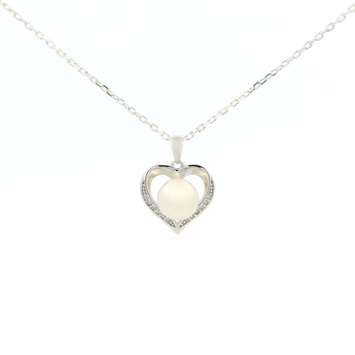 White Gold Moissanite Pearl Heart Silver Dazzle Pendant Necklace