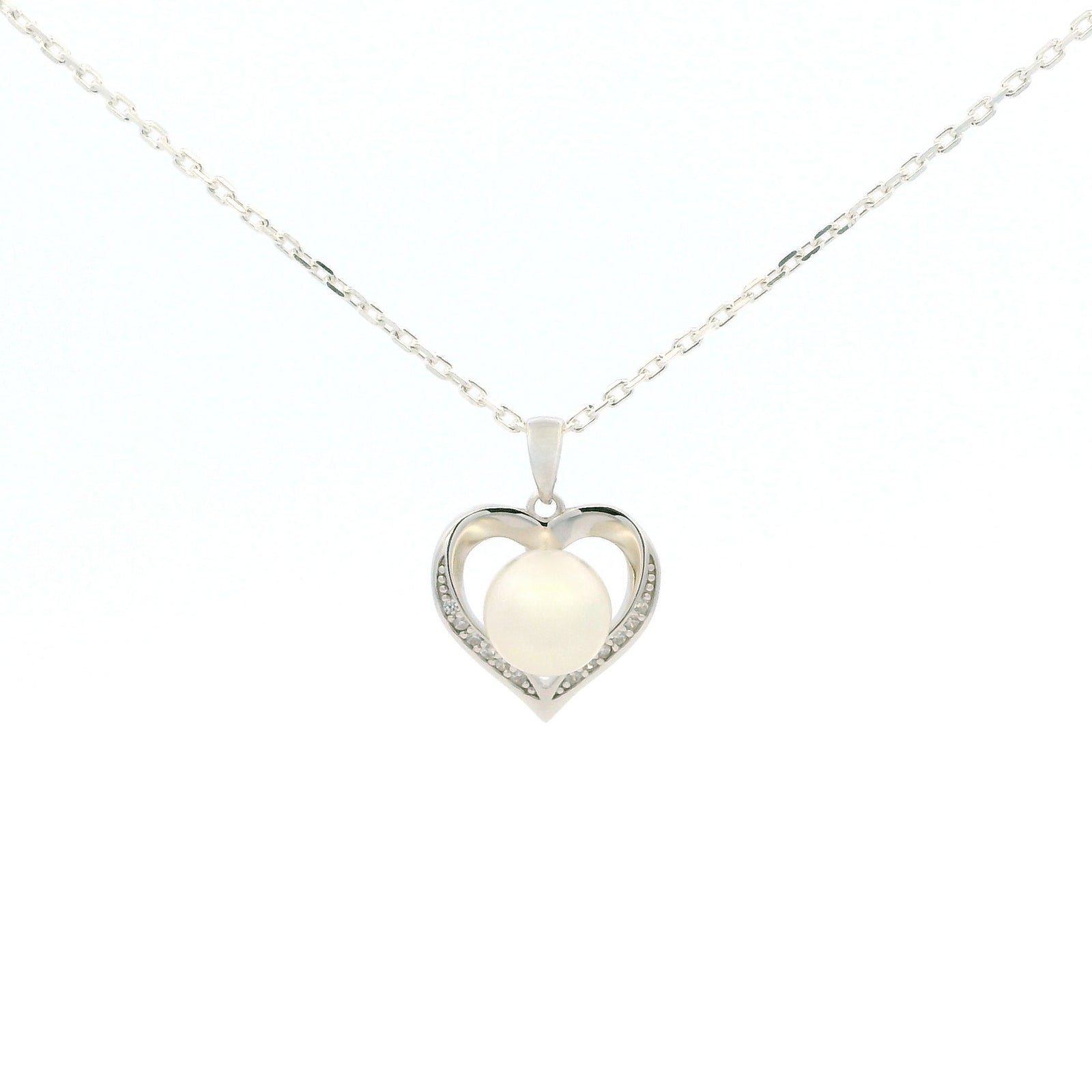 White Gold Moissanite Pearl Heart Silver Dazzle Pendant Necklace