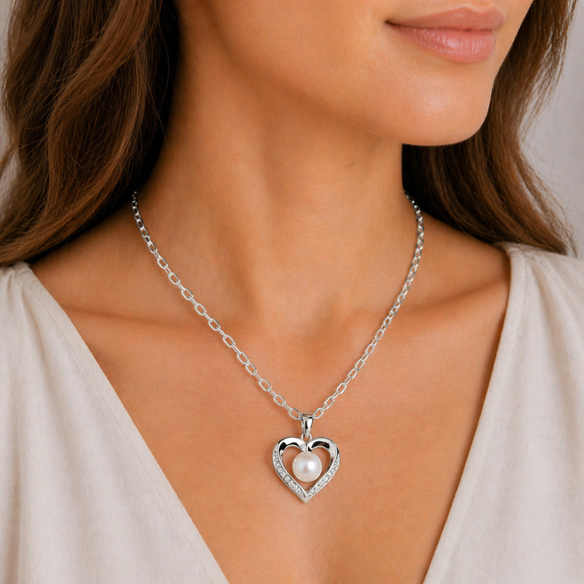 White Gold Moissanite Pearl Heart Silver Dazzle Pendant Necklace