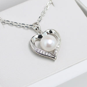 White Gold Moissanite Pearl Heart Silver Dazzle Pendant Necklace