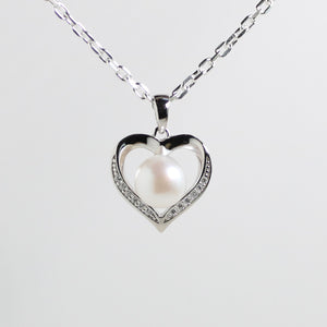 White Gold Moissanite Pearl Heart Silver Dazzle Pendant Necklace