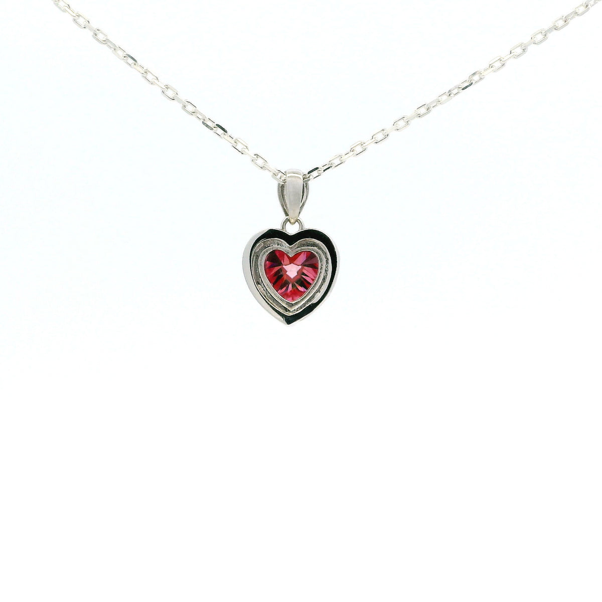 White Gold 1ct Pink Heart Moissanite Halo Silver Dazzle Pendant Necklace