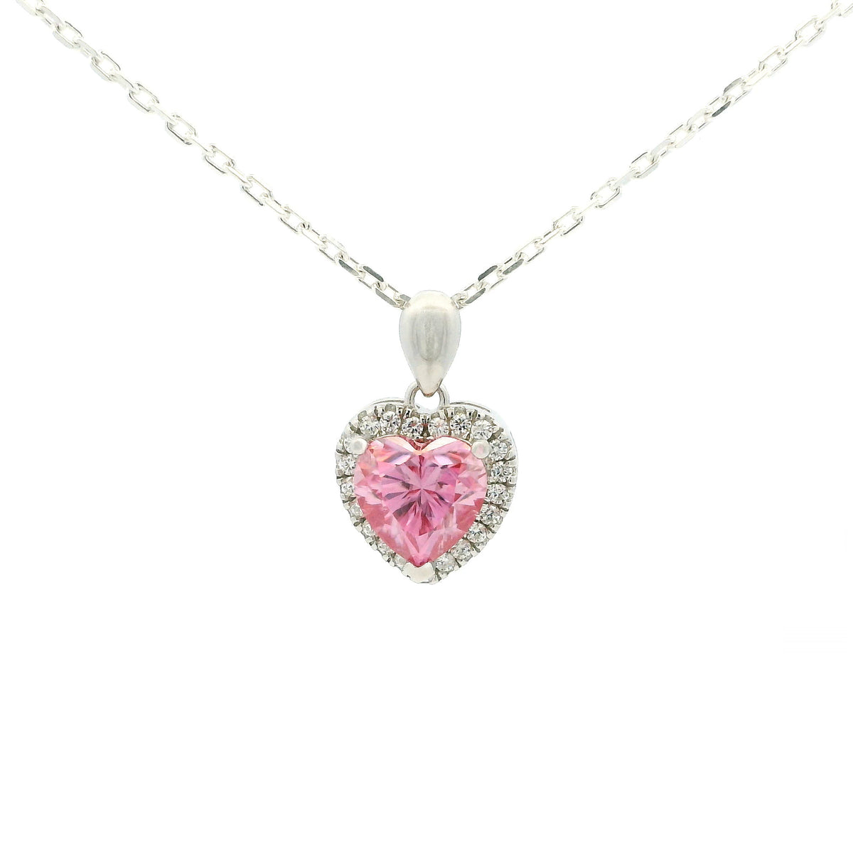 White Gold 1ct Pink Heart Moissanite Halo Silver Dazzle Pendant Necklace