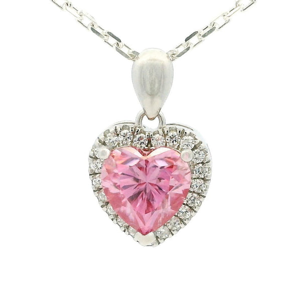 White Gold 1ct Pink Heart Moissanite Halo Silver Dazzle Pendant Necklace