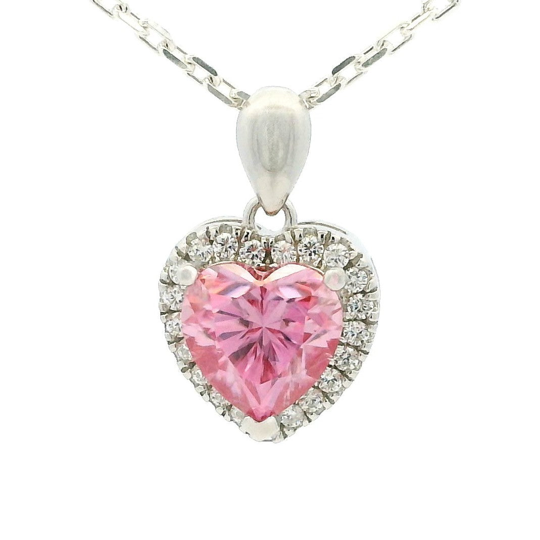 White Gold 1ct Pink Heart Moissanite Halo Silver Dazzle Pendant Necklace
