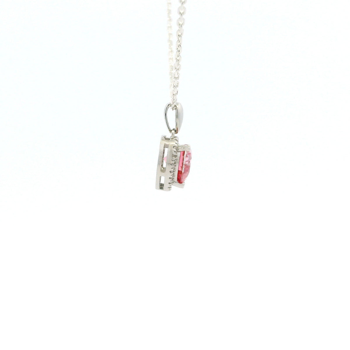 White Gold 1ct Pink Heart Moissanite Halo Silver Dazzle Pendant Necklace