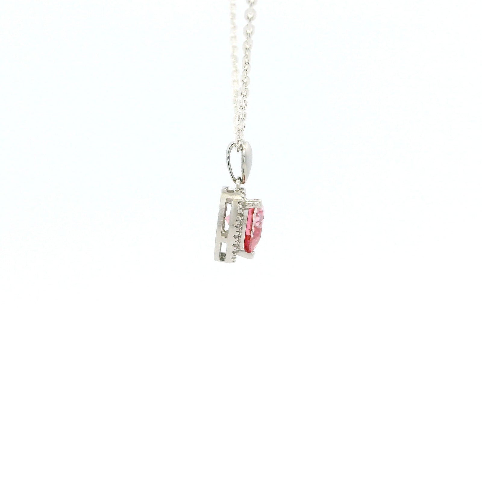 White Gold 1ct Pink Heart Moissanite Halo Silver Dazzle Pendant Necklace