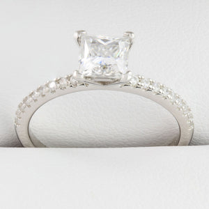 Close-up view of White Gold 1ct Square Moissanite Slimline ring showing classic stone setting