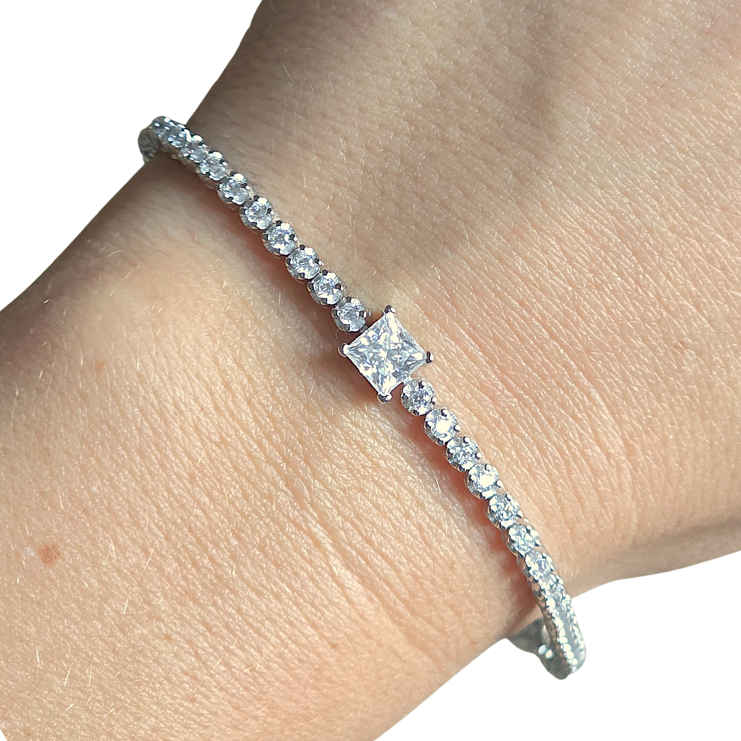 1ct White Gold Moissanite Princess Tennis Silver Dazzle Bracelet