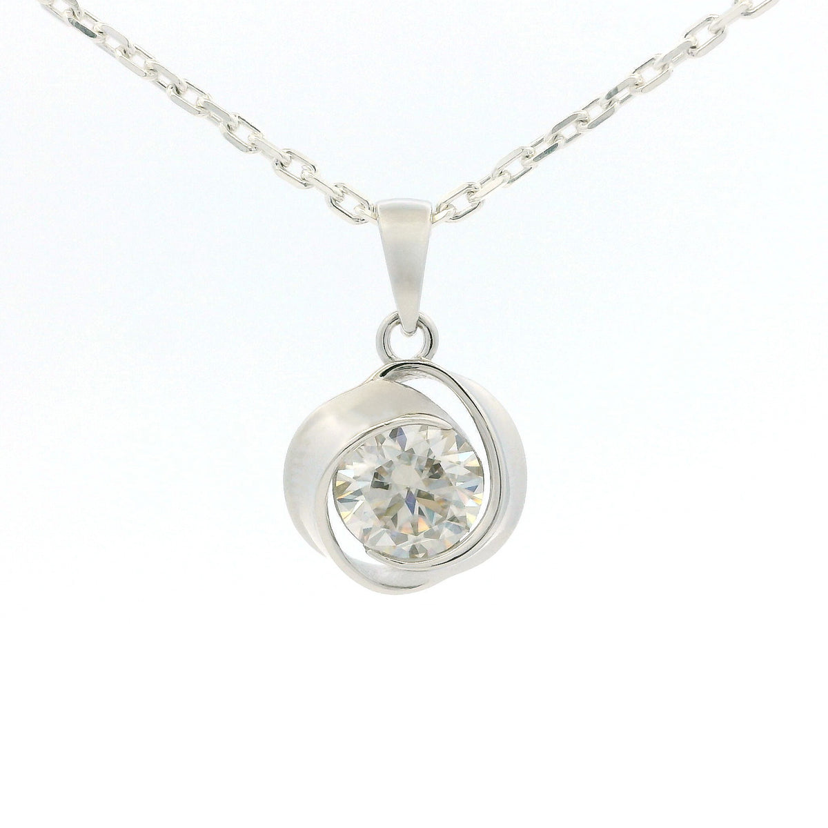 White Gold 1ct Moissanite Swirl Silver Dazzle Pendant Necklace