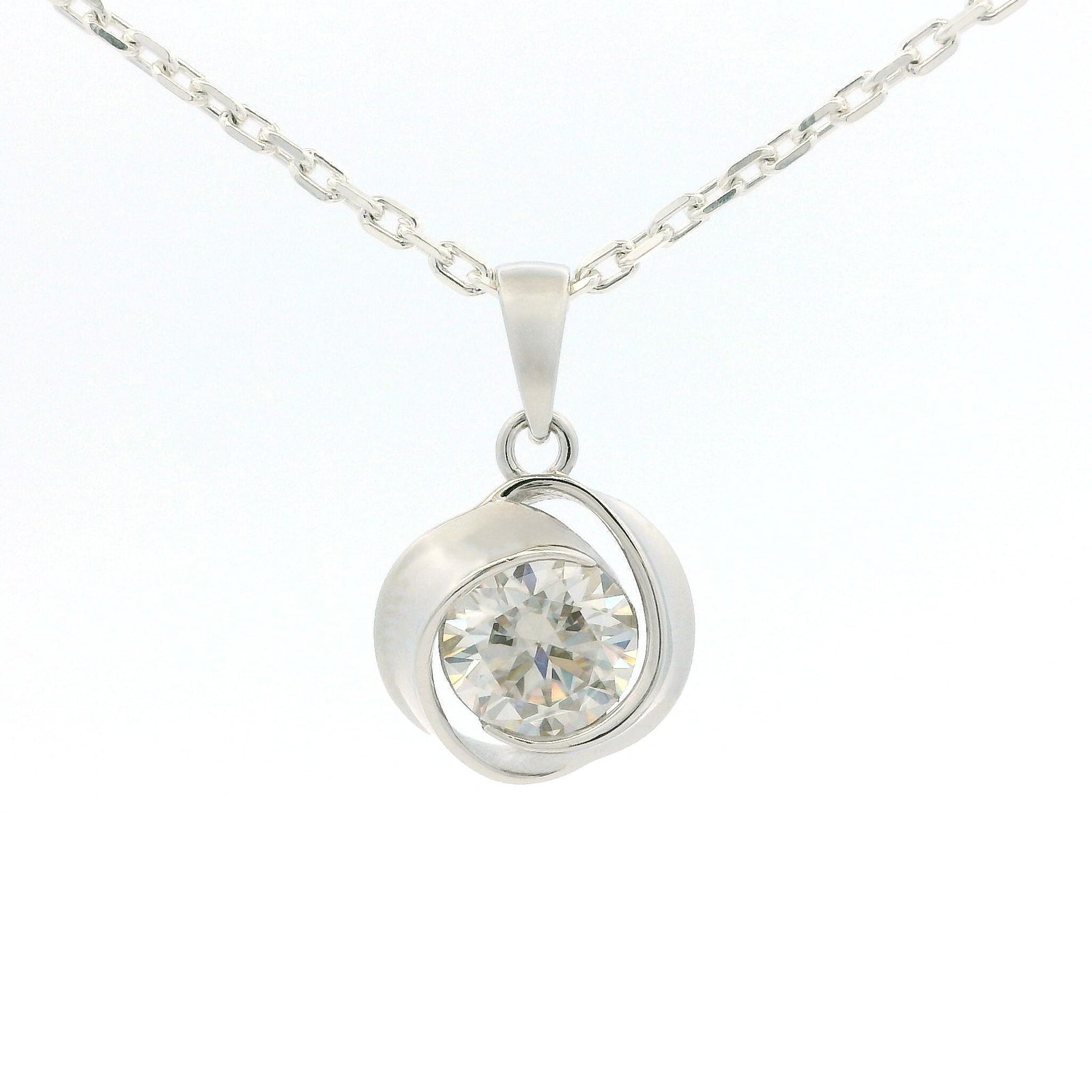 White Gold 1ct Moissanite Swirl Silver Dazzle Pendant Necklace