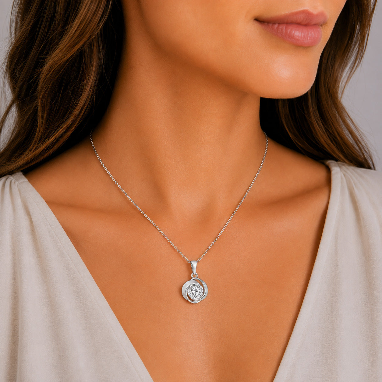 White Gold 1ct Moissanite Swirl Silver Dazzle Pendant Necklace
