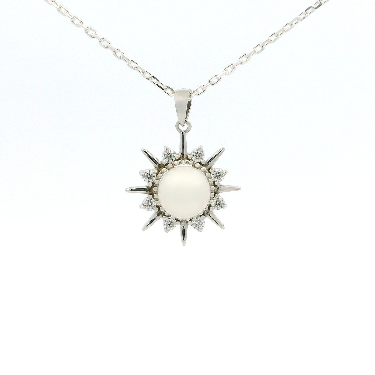 White Gold Moissanite Pearl Star Silver Dazzle Pendant Necklace
