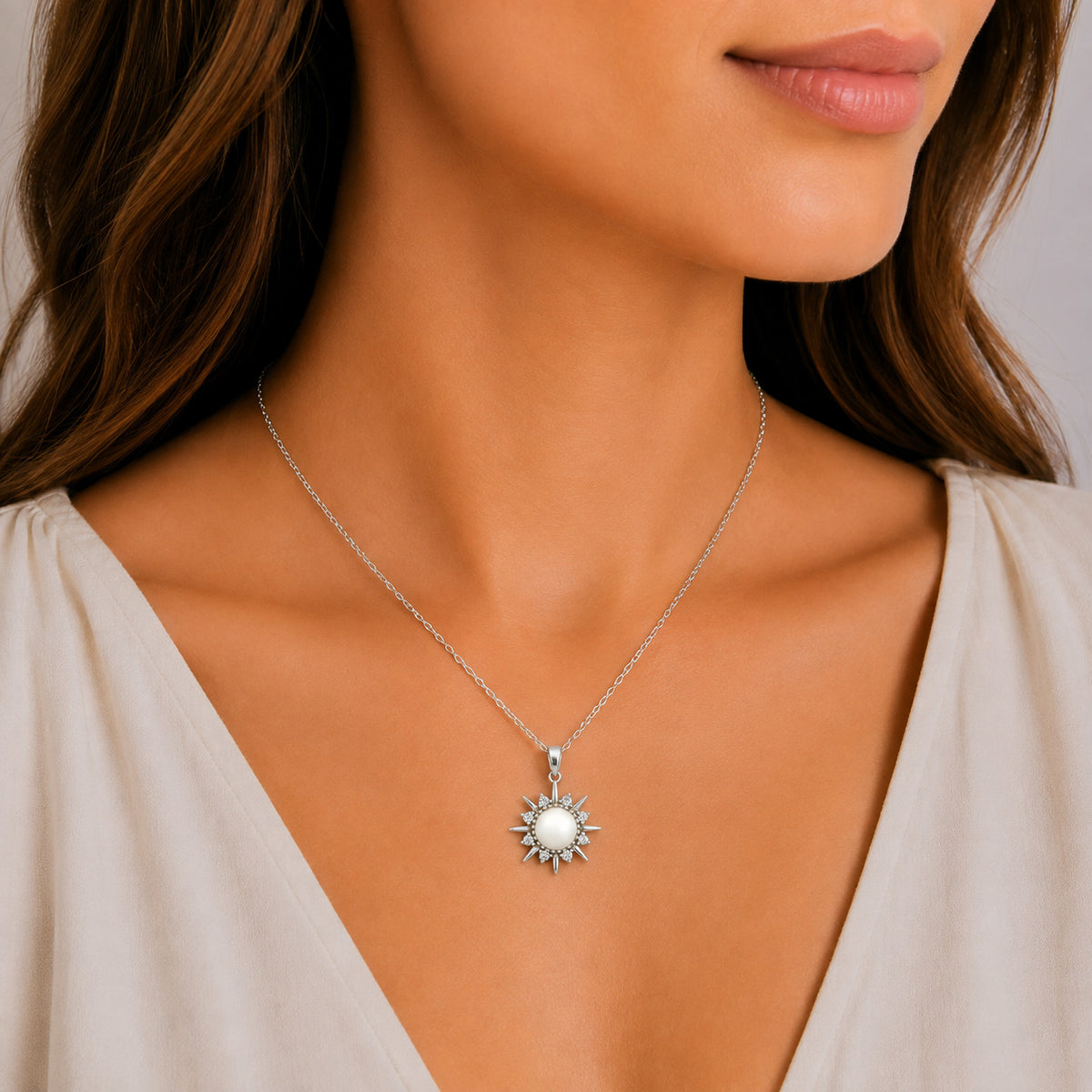 White Gold Moissanite Pearl Star Silver Dazzle Pendant Necklace