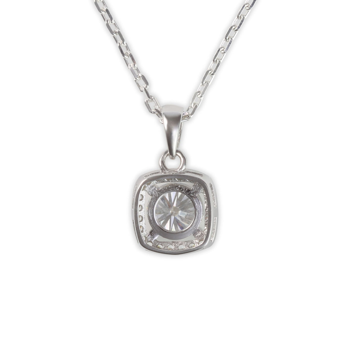 White Gold 1ct Square Moissanite Halo Silver Dazzle Pendant Necklace