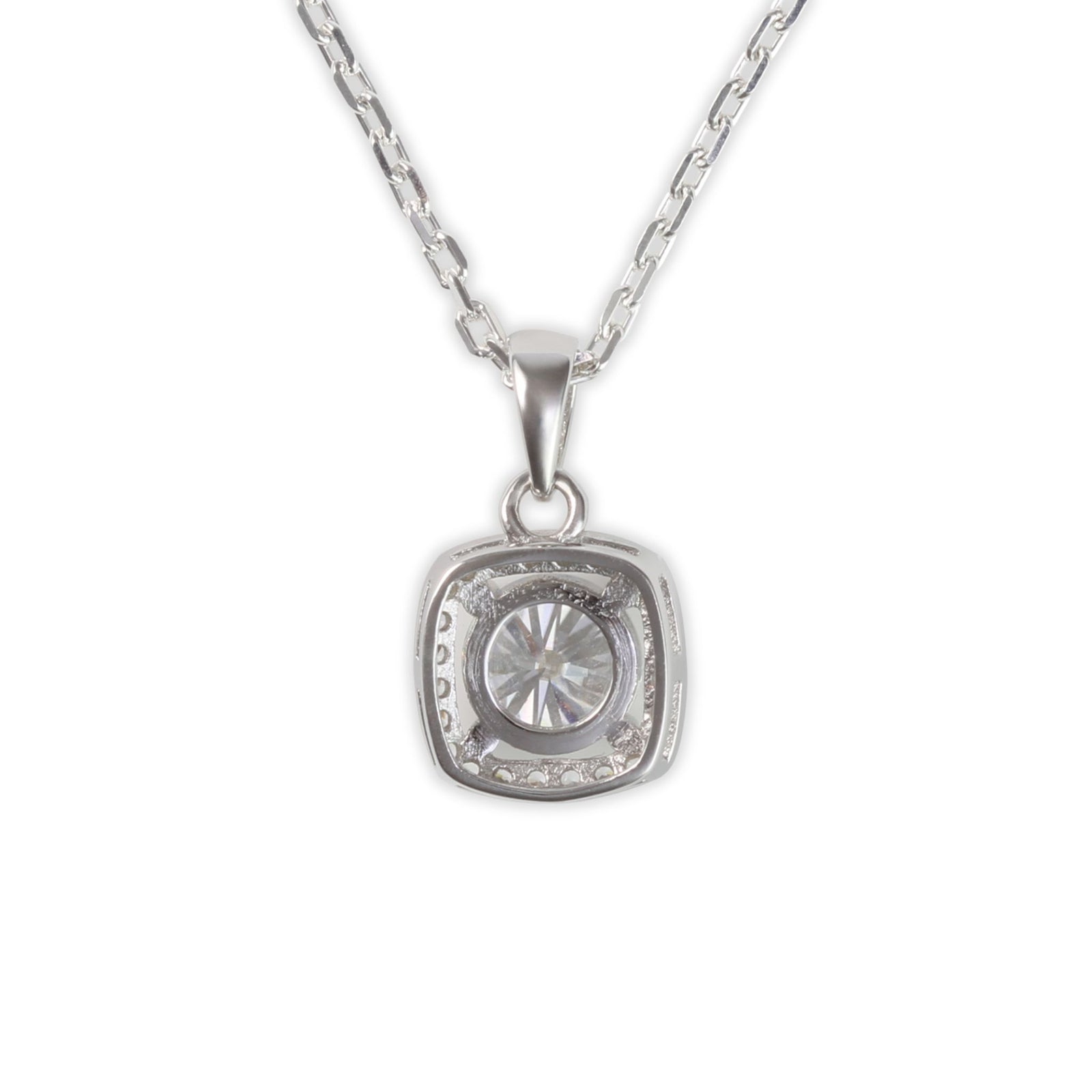 White Gold 1ct Square Moissanite Halo Silver Dazzle Pendant Necklace