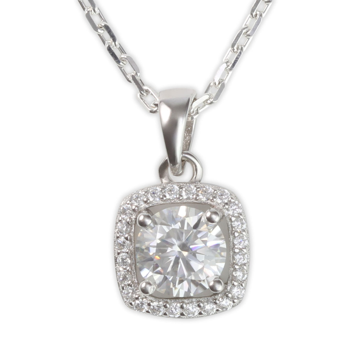 White Gold 1ct Square Moissanite Halo Silver Dazzle Pendant Necklace