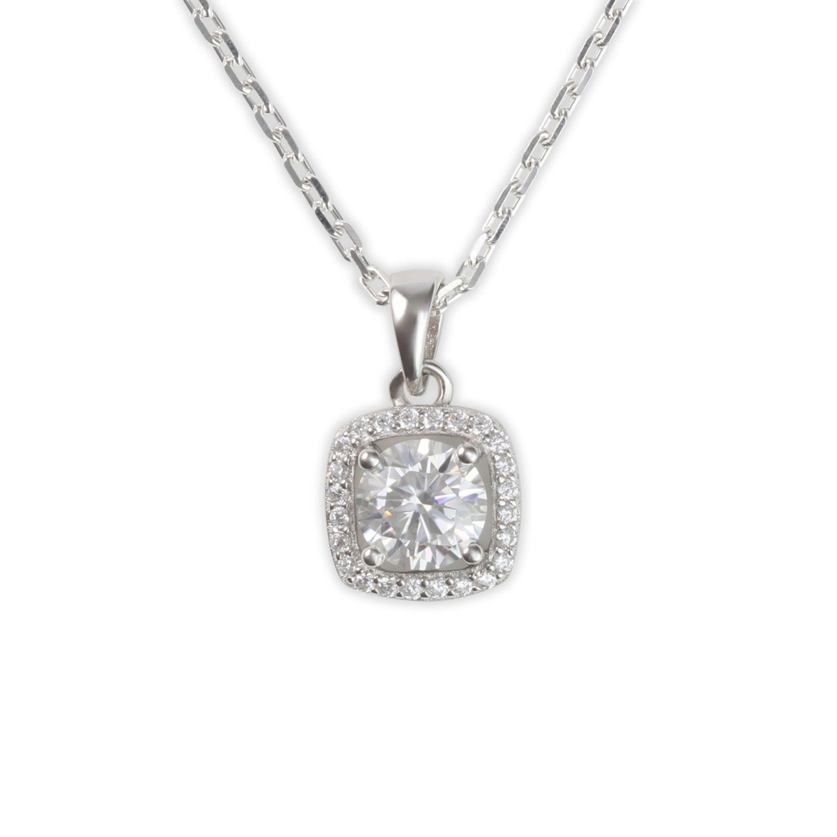 White Gold 1ct Square Moissanite Halo Silver Dazzle Pendant Necklace