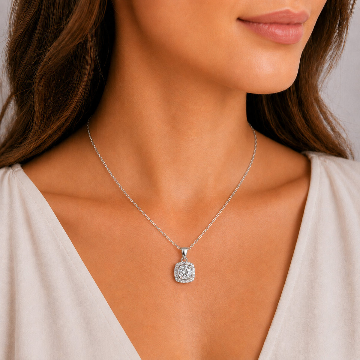 White Gold 1ct Square Moissanite Halo Silver Dazzle Pendant Necklace