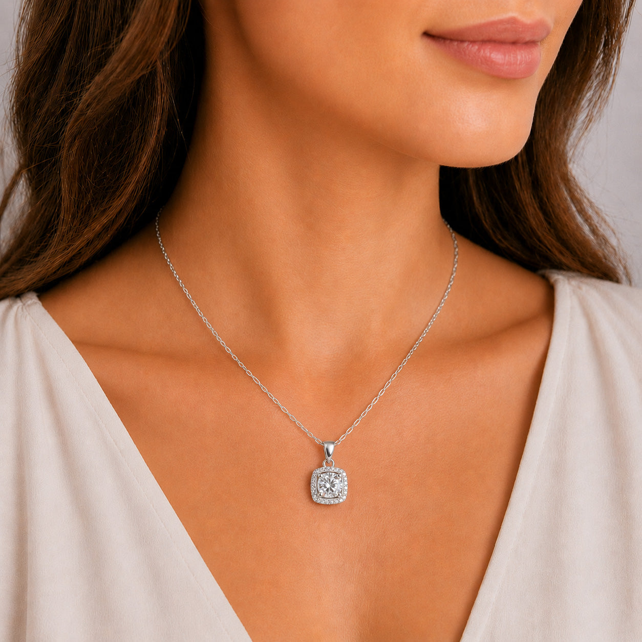 White Gold 1ct Square Moissanite Halo Silver Dazzle Pendant Necklace