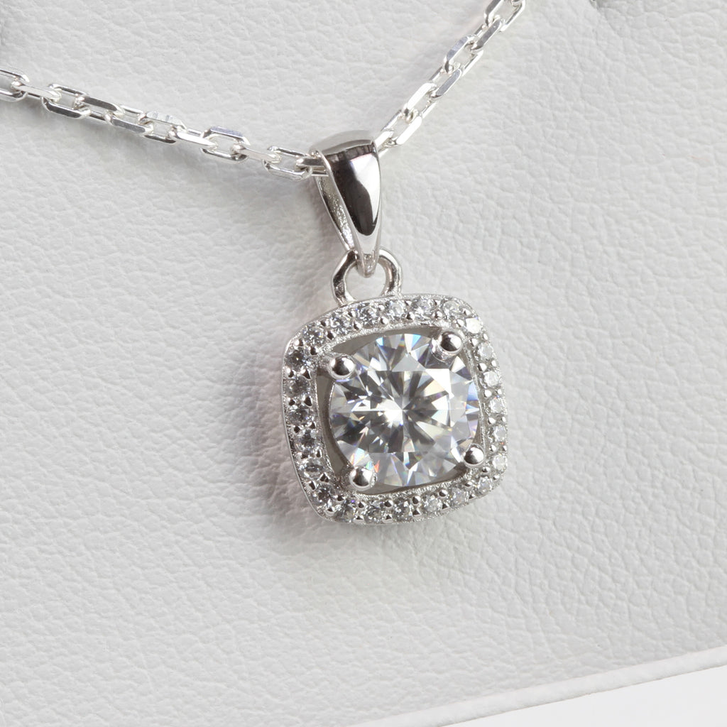 White Gold 1ct Square Moissanite Halo Silver Dazzle Pendant Necklace