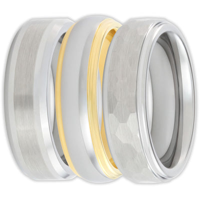 three tungsten scratch-resistant rings with a brushed, polished and matt finish 