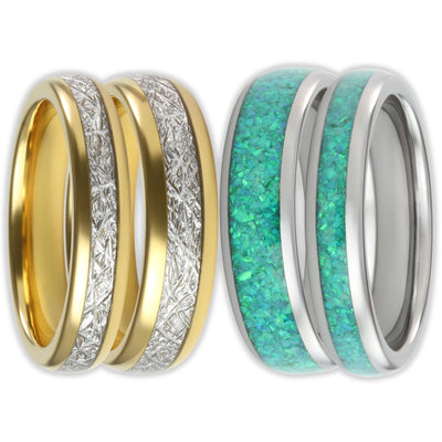 Pair of Golden steel inlay rings and white gold green inlay opal rings