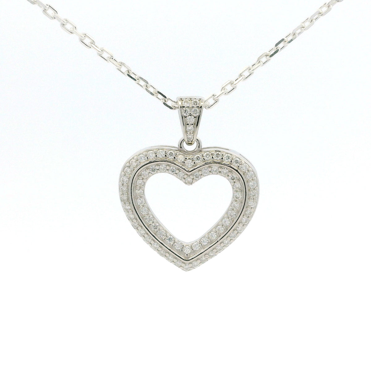 White Gold Moissanite Open Heart Silver Dazzle Pendant Necklace
