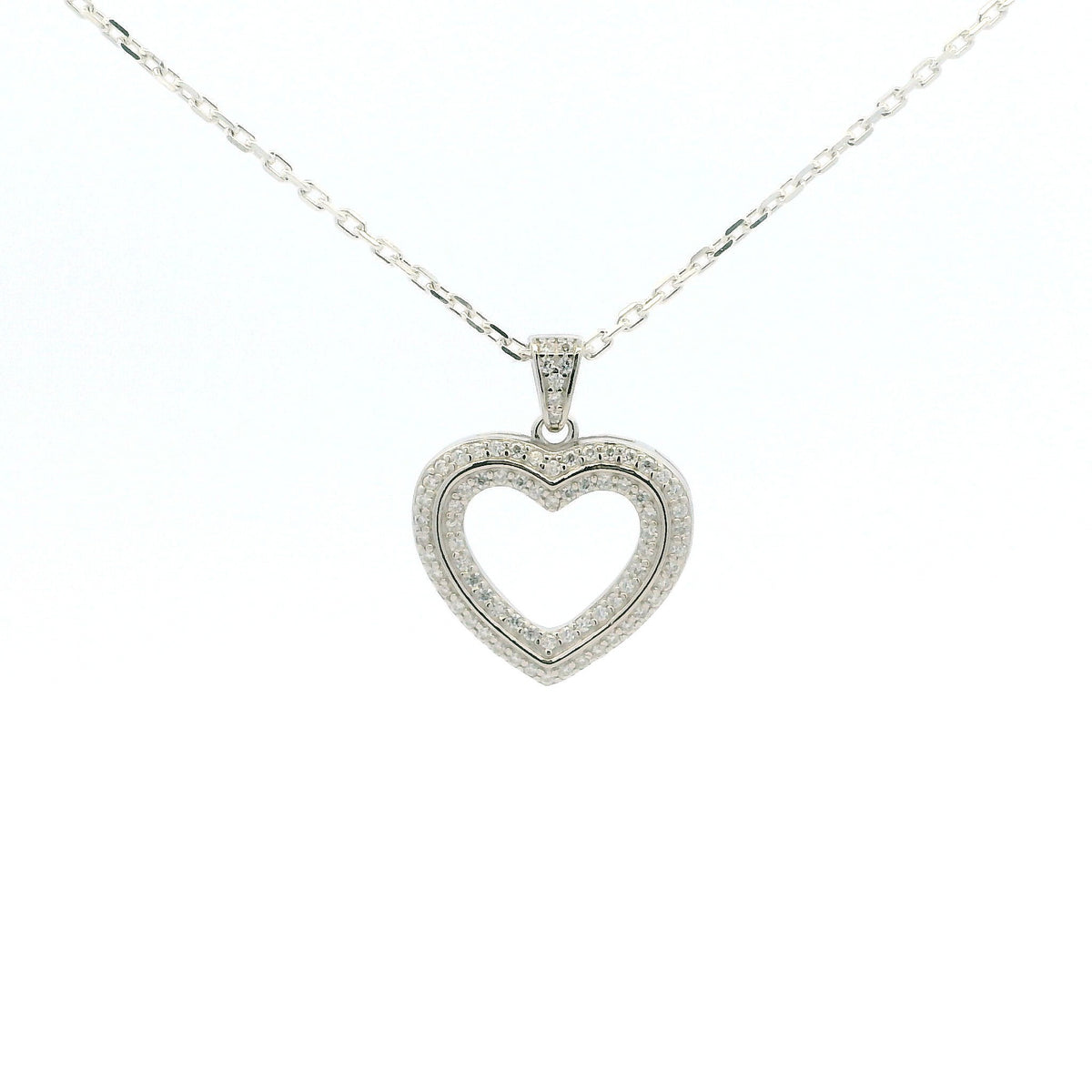 White Gold Moissanite Open Heart Silver Dazzle Pendant Necklace