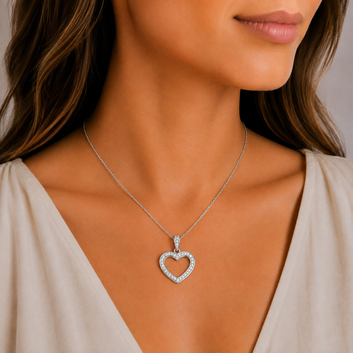 White Gold Moissanite Open Heart Silver Dazzle Pendant Necklace