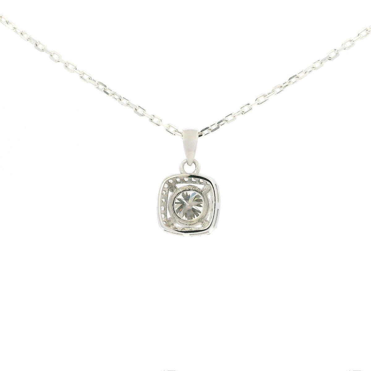 White Gold 1ct Square Moissanite Halo Silver Dazzle Pendant Necklace