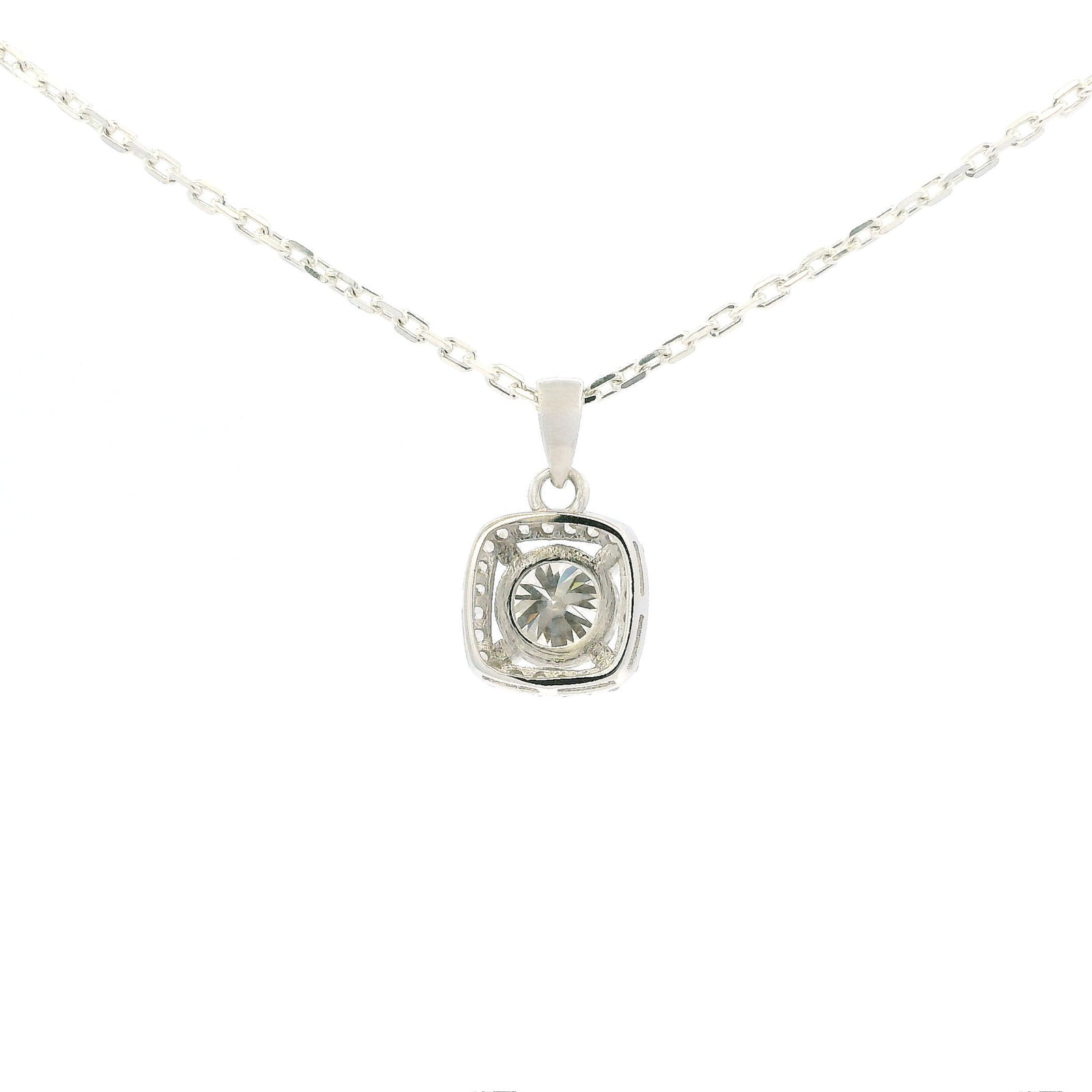 White Gold 1ct Square Moissanite Halo Silver Dazzle Pendant Necklace