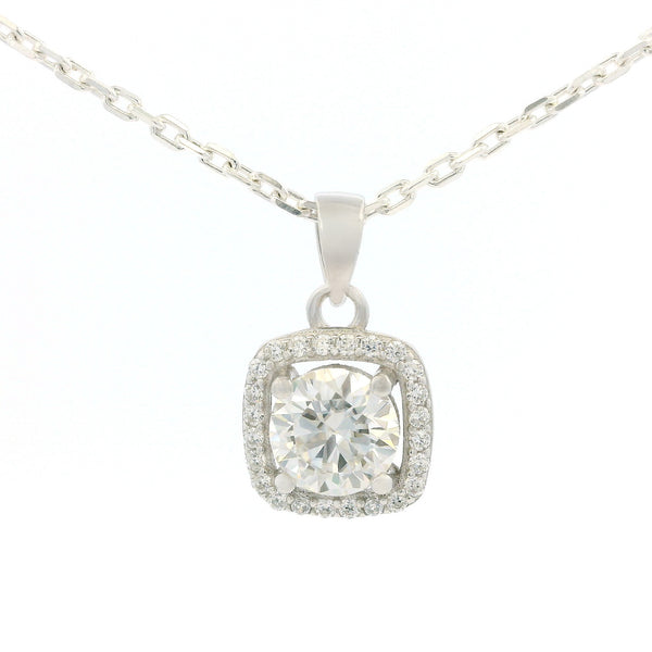 White Gold 1ct Square Moissanite Halo Silver Dazzle Pendant Necklace