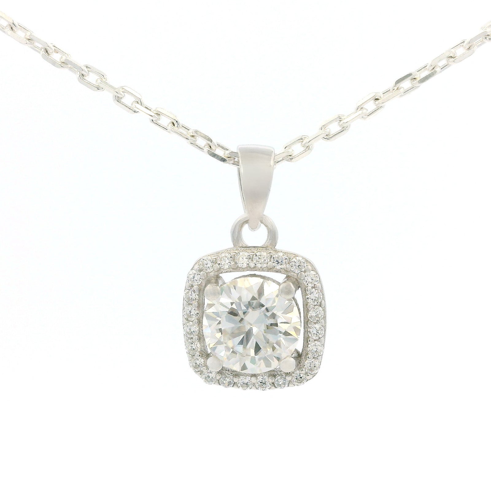 White Gold 1ct Square Moissanite Halo Silver Dazzle Pendant Necklace
