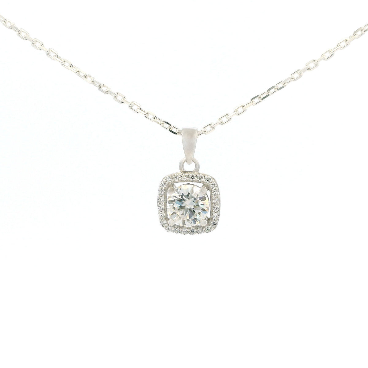 White Gold 1ct Square Moissanite Halo Silver Dazzle Pendant Necklace