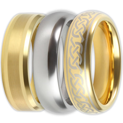 three tungsten scratch-resistant rings. white-gold, Celtic pattern and brushed metal