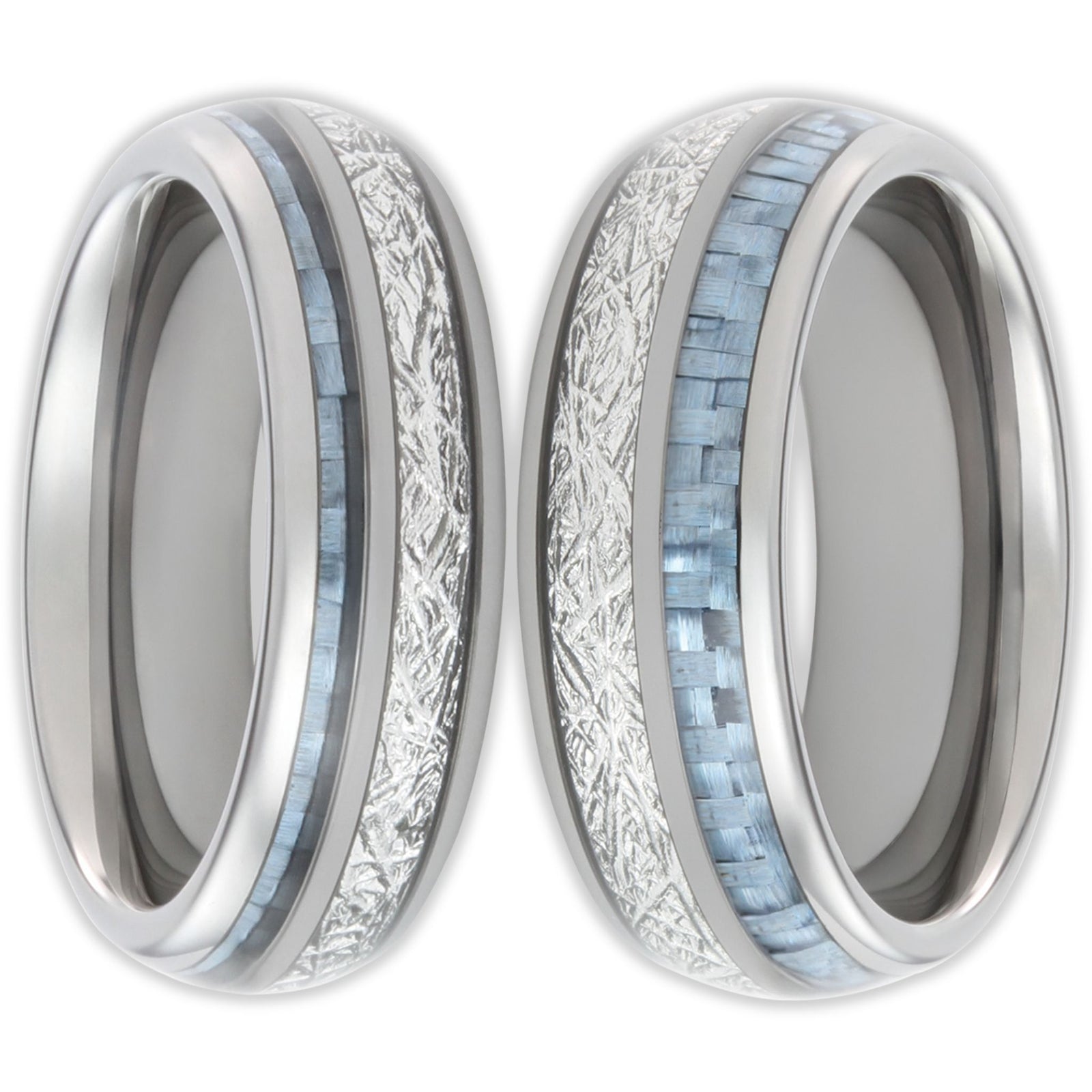 Front view of tungsten rings with blue carbon fibre inlay and stainless steel strands in split design