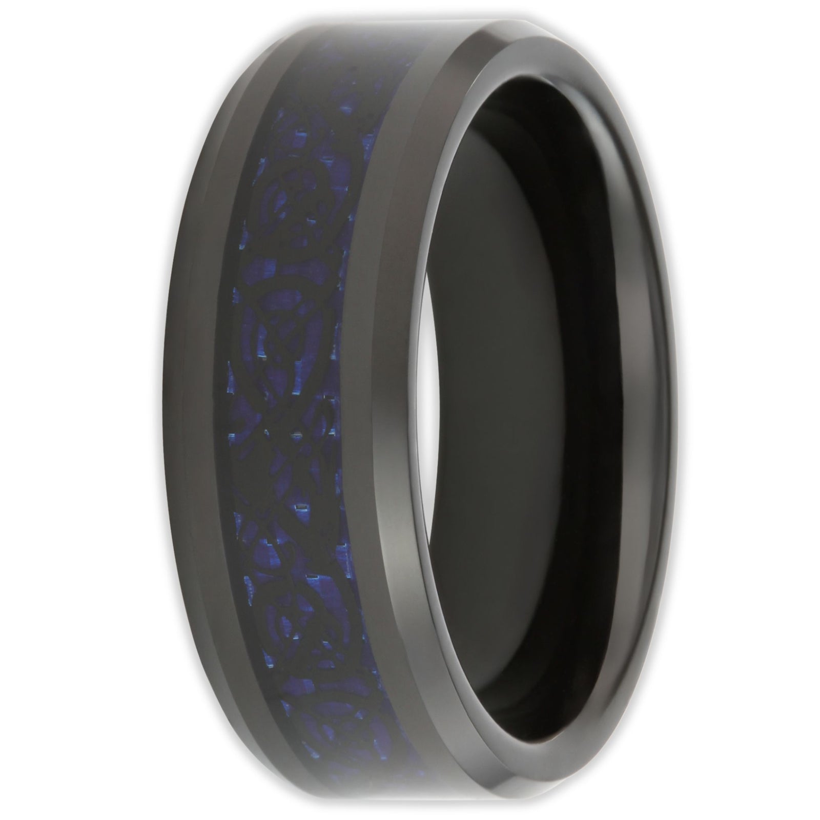 Black and blue dragon ring with carbon fibre centre and smooth bevelled edges