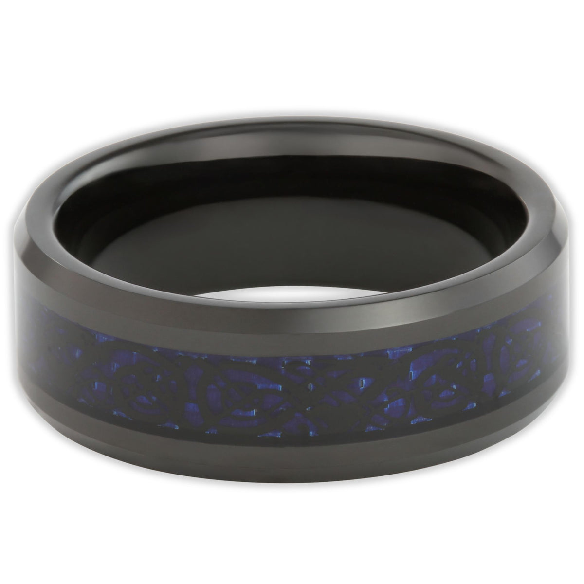 Top view of blue and black ring with Chinese dragon inlay on carbon fibre centre