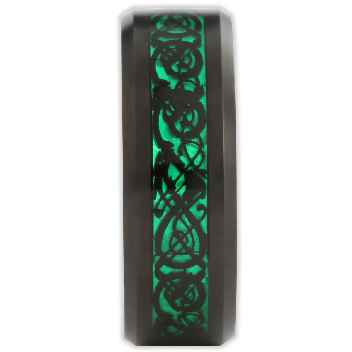 End view of green and black tungsten ring showing band thickness, flat profile and bevelled edges