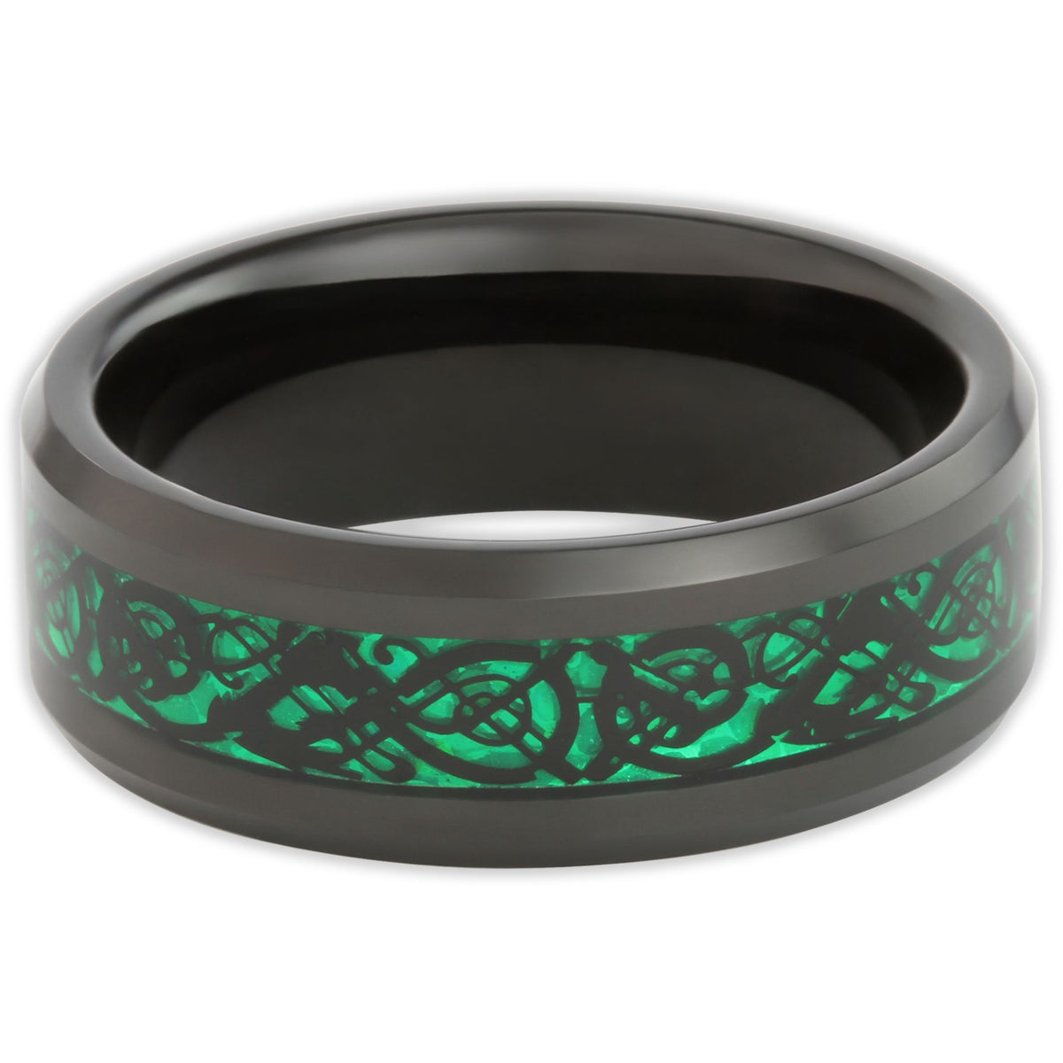 Top view of green and black ring with Chinese dragon inlay on carbon fibre centre