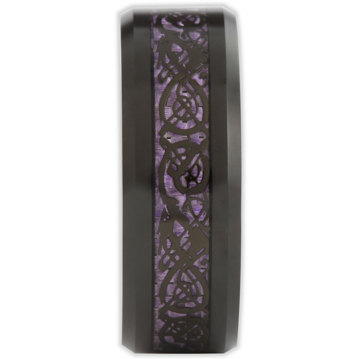 End view of purple and black tungsten ring showing band thickness, flat profile and bevelled edges