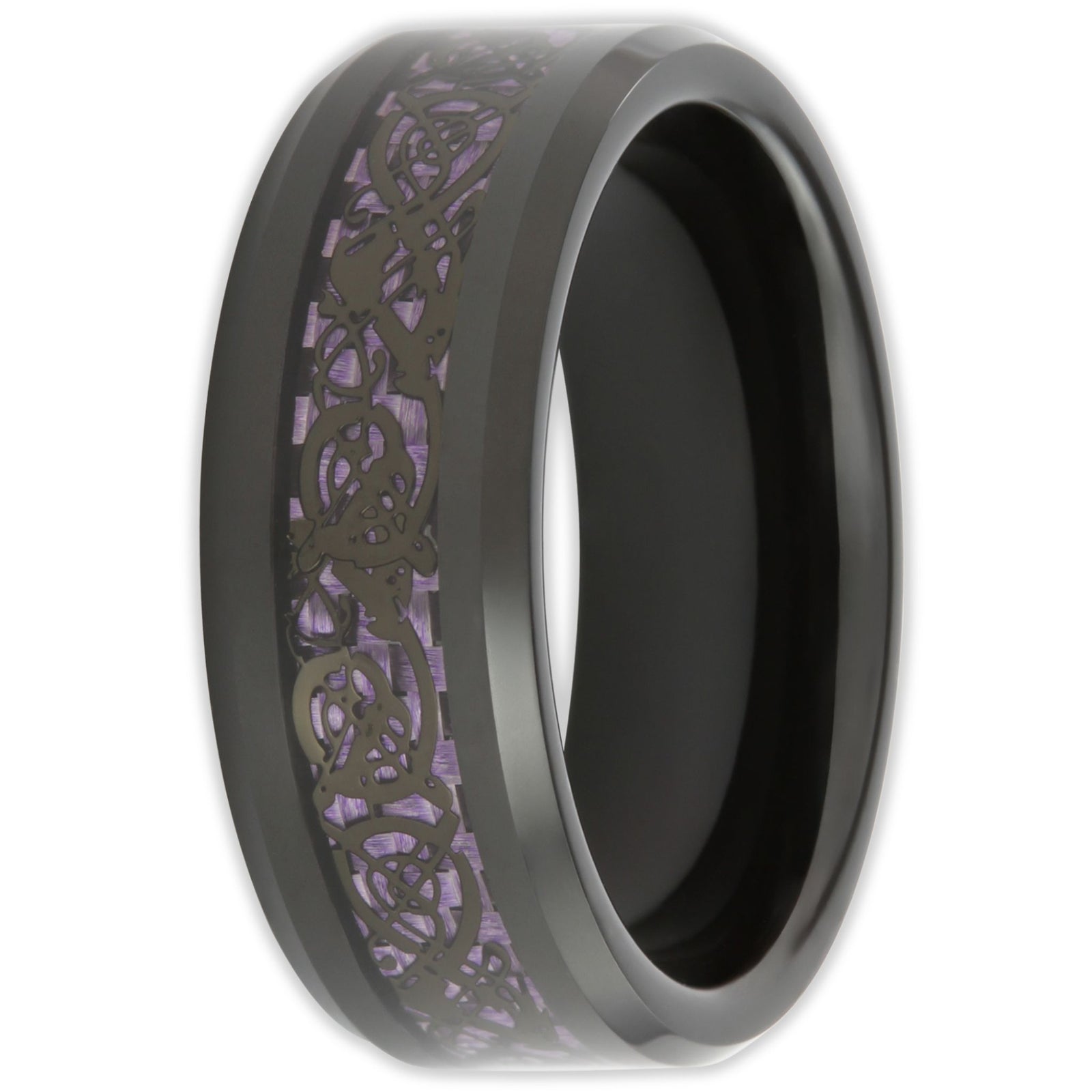Purple and black tungsten ring with Chinese dragon inlay on carbon fibre centre and bevelled edges